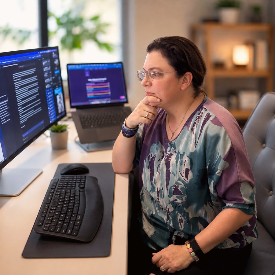 Kristin, Tovellu's founder, mid-conversation at her desk